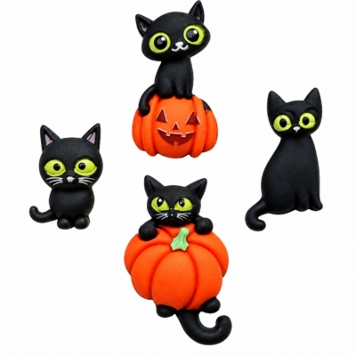 2 Cute 2 Scare Black Cat Halloween Craft Embellishments Black cat Halloween craft embellishments with orange pumpkins and green eyes