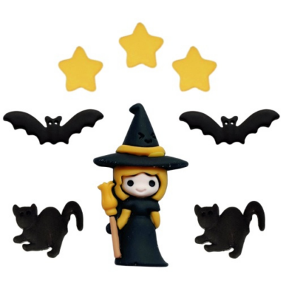 "Bewitched Craft Button Embellishments featuring witch, black cats, bats, and stars for Halloween scrapbooking, sewing, and DIY crafts"