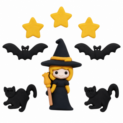 BEWITCHED Halloween craft embellishments with witch black cats bats and yellow stars