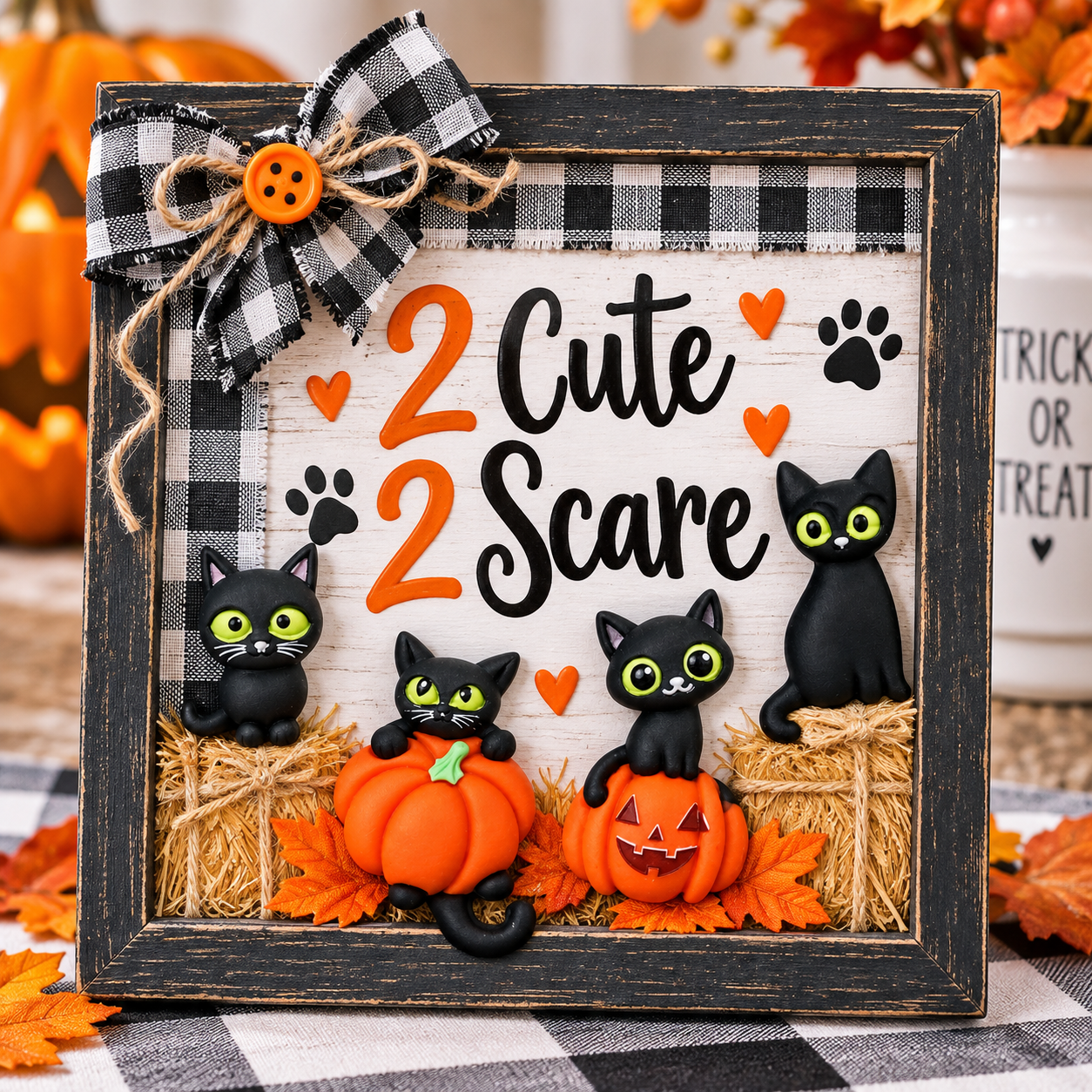 2 Cute 2 Scare Black Cat Halloween Craft Sign Black cat Halloween craft embellishments decorating a 2 Cute 2 Scare sign