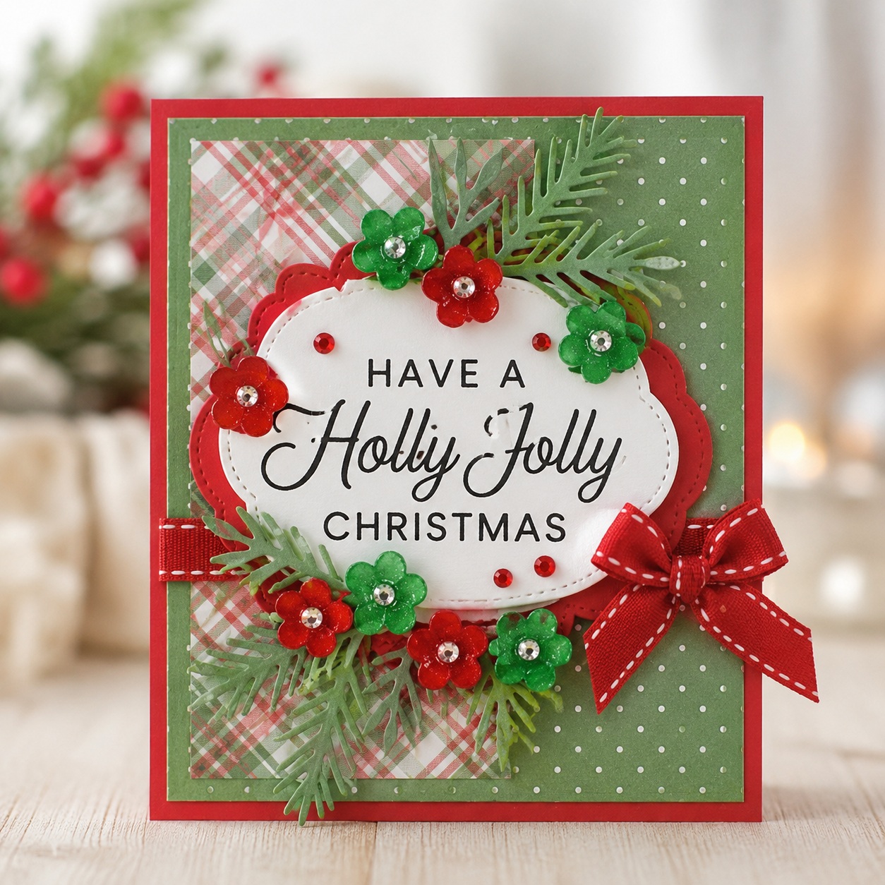 10mm-rhinestone-flower-christmas-card-craft-idea Christmas greeting card featuring red and green 10mm rhinestone center flower craft embellishments with pine greenery, plaid paper, and a festive holiday design