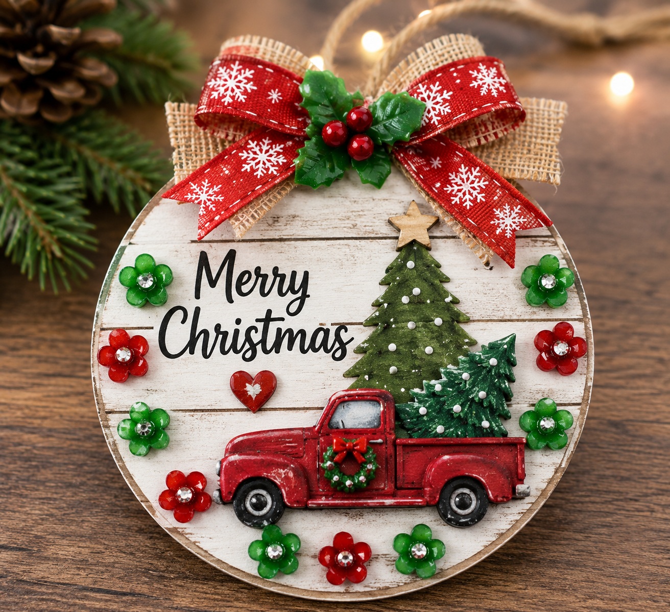 10mm-rhinestone-flower-christmas-ornament-craft-idea Handmade rustic Christmas ornament featuring red and green 10mm rhinestone center flower craft embellishments with a vintage red truck, Christmas tree, burlap ribbon, and festive holiday accent