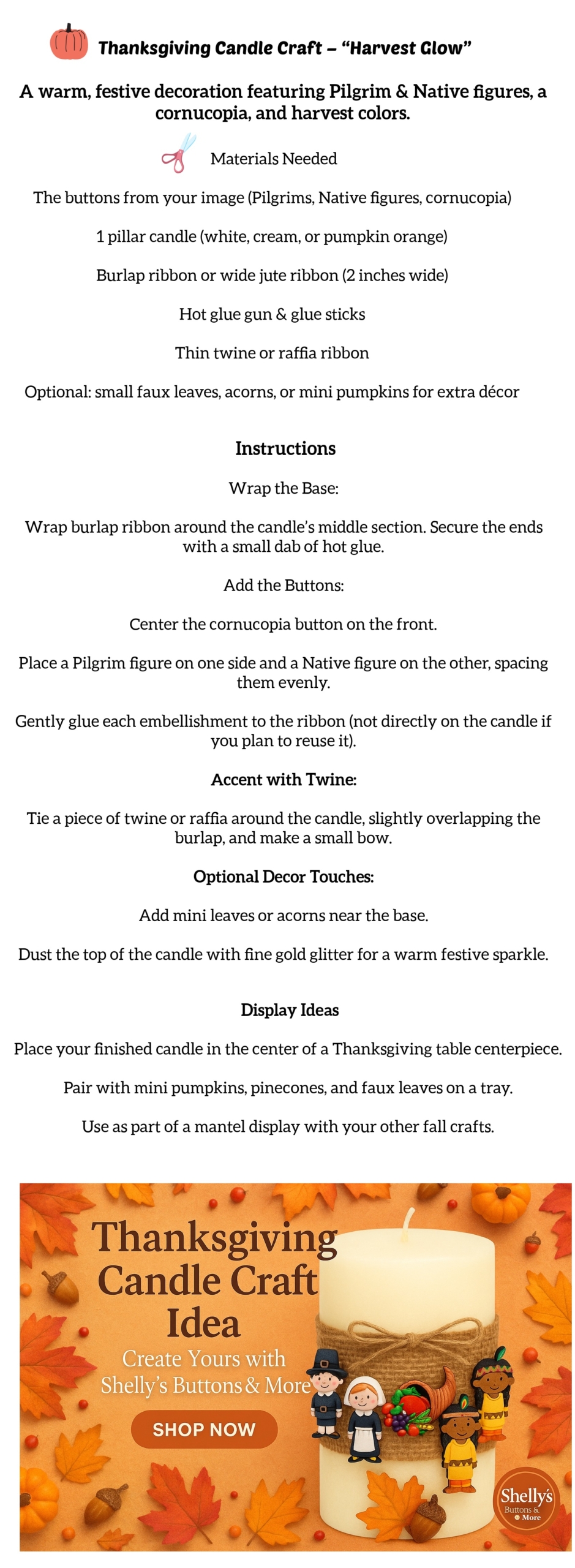 candle craft complete Thanksgiving Embellishment Set – pilgrim and Native friend craft buttons with colorful cornucopia for fall and harvest crafts