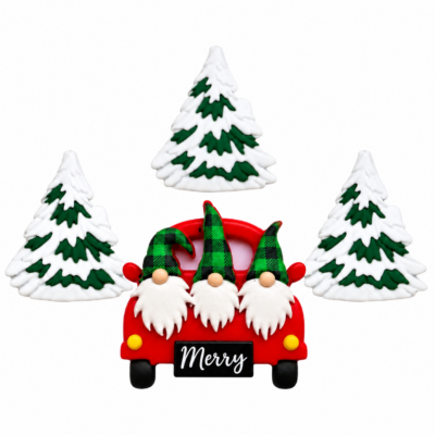 A Caroling We Will Go Christmas Gnome Craft Embellishment Set Christmas craft embellishment set featuring three gnomes in a red car, snow-covered evergreen tree buttons and white snowflake buttons.