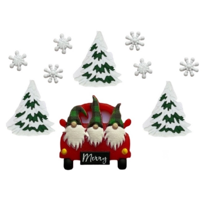 Christmas craft embellishments with gnomes in red car, snowy trees and snowflakes