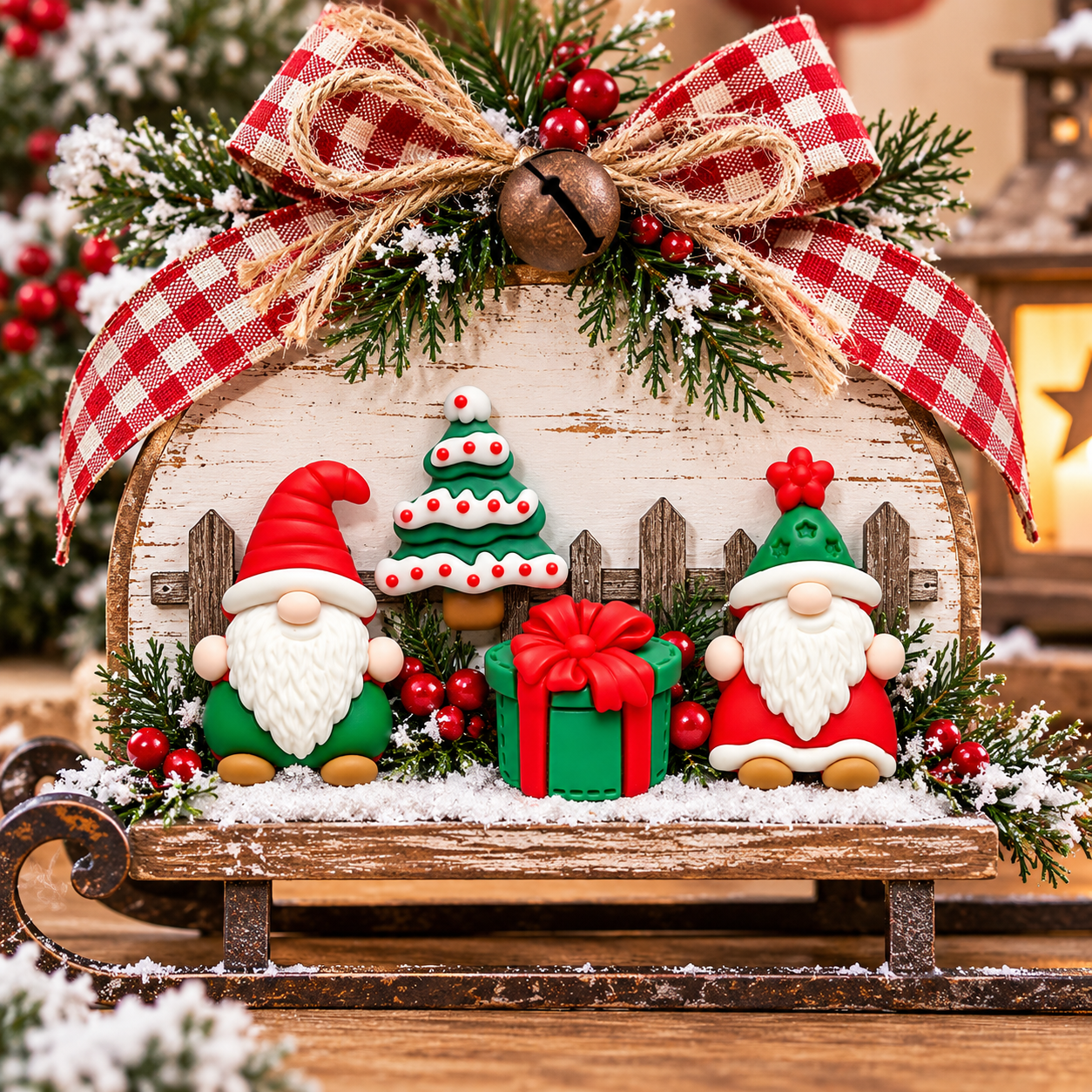 Full of Cheer Christmas Gnome Embellishments – Handmade Christmas Sled Handmade Christmas sled decoration featuring two Christmas gnome flatback embellishments, a snowy Christmas tree and a wrapped gift