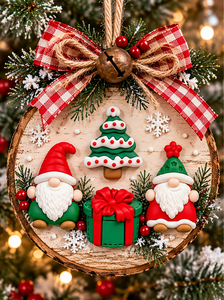 Christmas Gnome Embellishments – Handmade Wood Slice Ornament Handmade Christmas wood slice ornament decorated with two gnome flatbacks, a snowy Christmas tree and a wrapped present