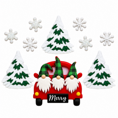 Christmas craft button set featuring three gnomes in a red truck, snow-covered evergreen trees, and white snowflakes