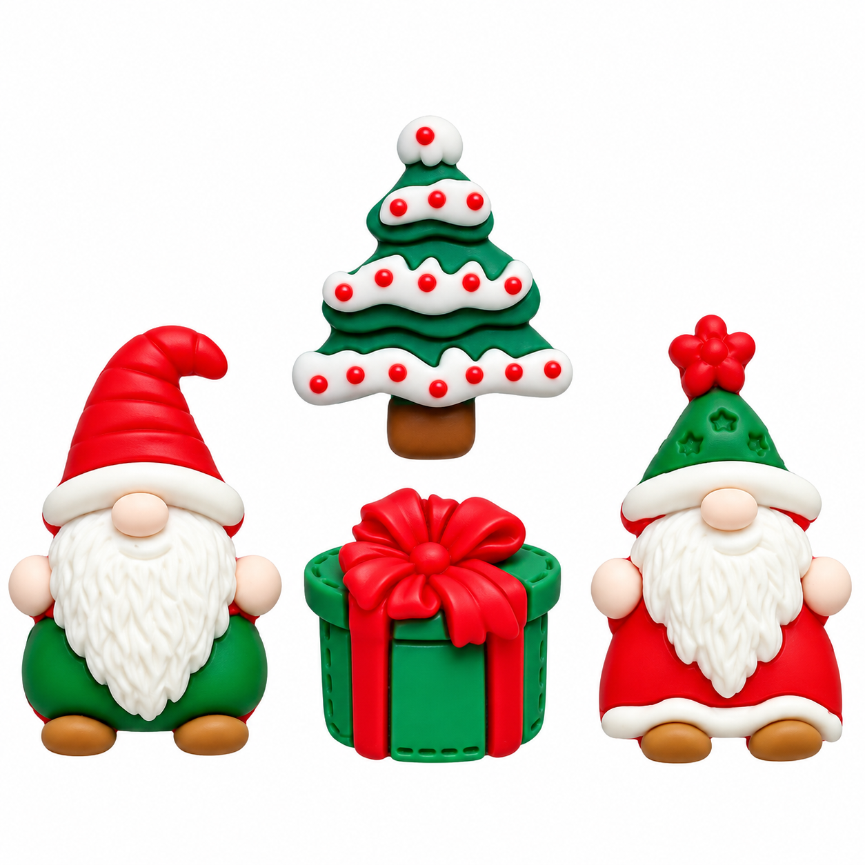 Full of Cheer Christmas Gnome Craft Embellishment Set Four Christmas gnome craft embellishments featuring two gnomes, a decorated tree and a wrapped gift