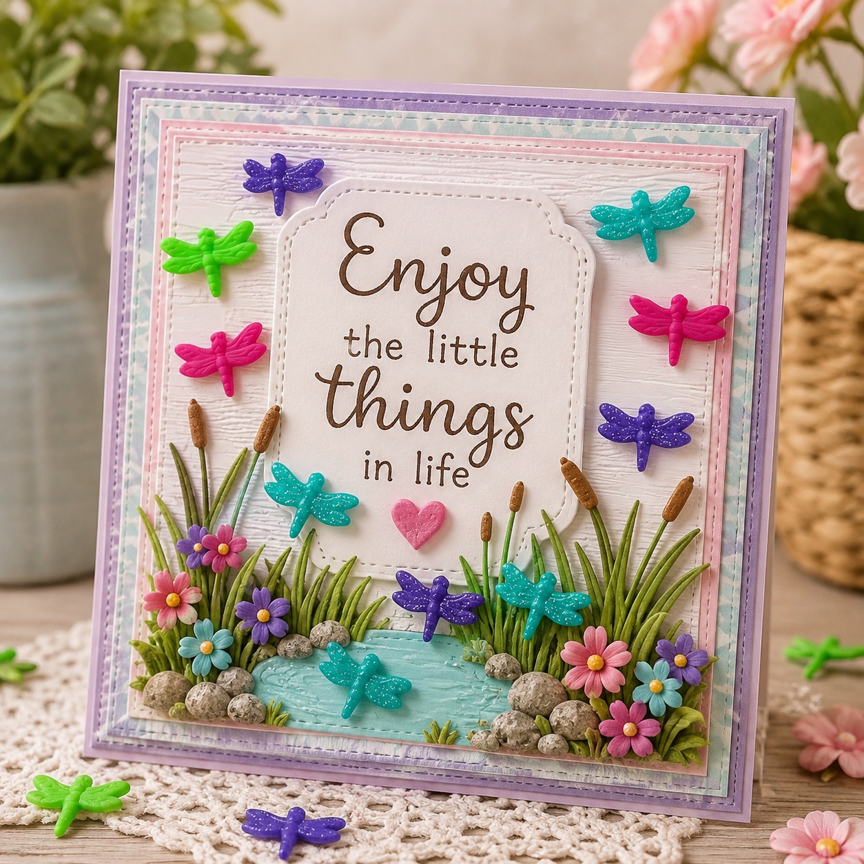 tiny-dragonfly-craft-button-greeting-card Handmade greeting card decorated with tiny dragonfly craft buttons featuring a peaceful pond, cattails, colorful wildflowers, and the phrase "Enjoy the Little Things in Life