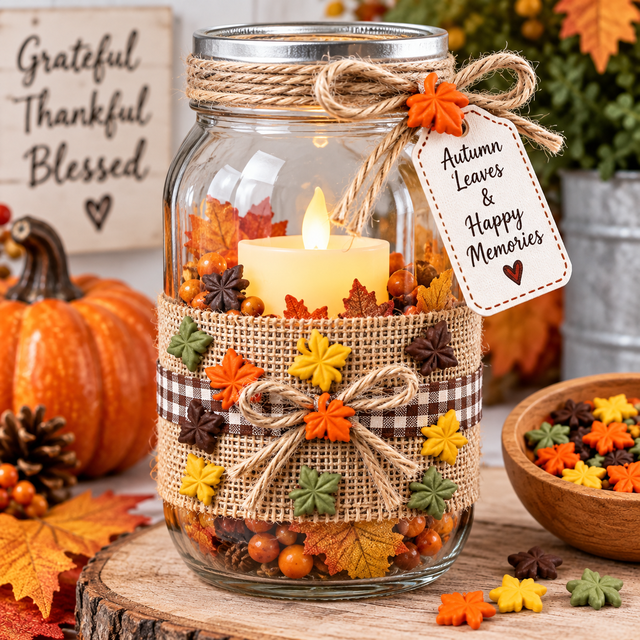 Tiny Fall Leaf Buttons – Autumn Mason Jar Craft Tiny fall leaf buttons decorating a handmade autumn mason jar candle craft
