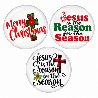 Three Christmas glass dome cabochons featuring Merry Christmas with a cross and two Jesus Is the Reason for the Season designs on a white background.