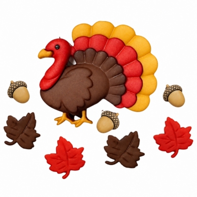 Autumn Harvest Turkey Craft Button Set with turkey, acorns and fall leaf buttons