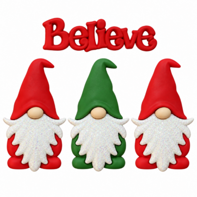 Ho Ho Gnome Christmas Craft Button Set – BELIEVE Three Christmas gnome buttons with red and green hats, glitter white beards and a red BELIEVE embellishment