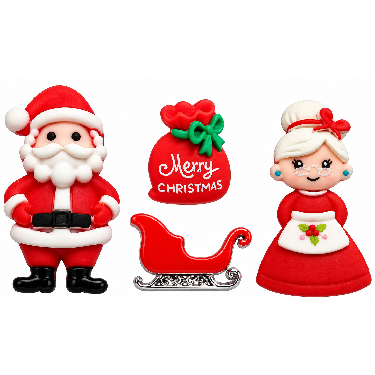 Mr. & Mrs. Claus Christmas Craft Embellishment Set Mr. and Mrs. Claus craft embellishment set with Santa, Mrs. Claus, red sleigh and Merry Christmas toy sack