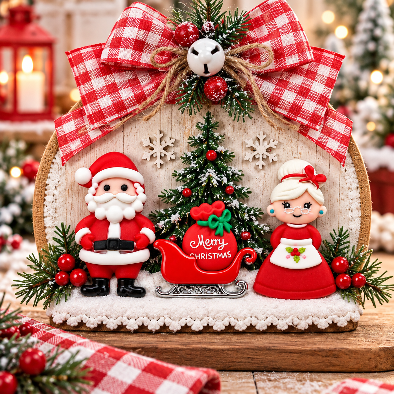 mr-mrs-claus-santa-christmas-craft-idea Santa and Mrs. Claus Christmas craft with red sleigh, Merry Christmas toy sack and holiday embellishments