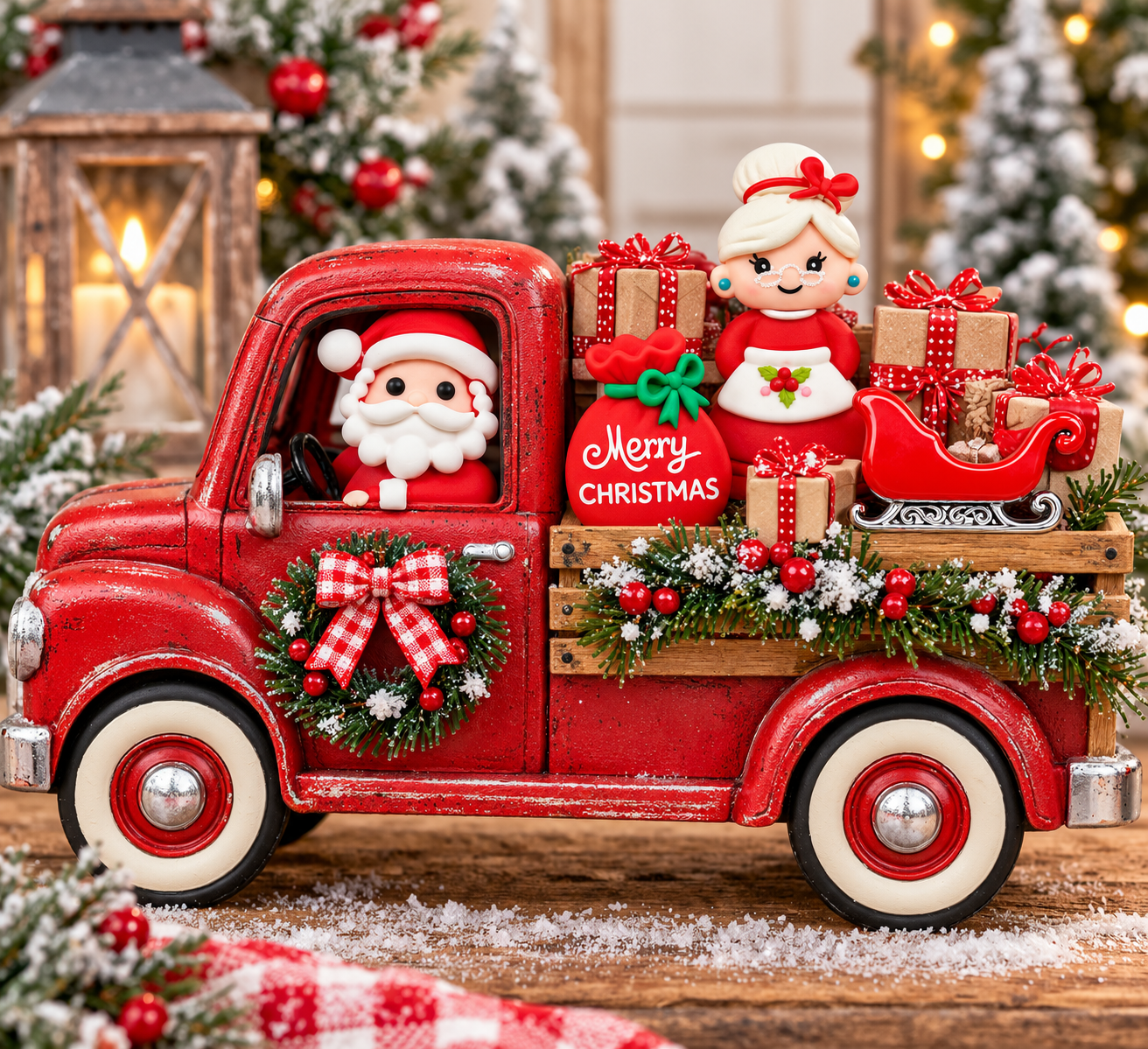 Santa & Mrs. Claus Christmas Truck Craft Santa and Mrs. Claus Christmas truck craft with red sleigh and Merry Christmas toy sack embellishments