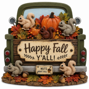 Happy Fall Y’all squirrel truck craft featuring Squirrel Outing craft buttons and embellishments