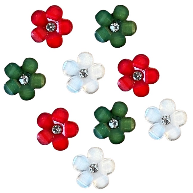 13mm Rhinestone Center Petals – Christmas Palette 13mm Christmas flower craft embellishments in red, green and white with rhinestone centers