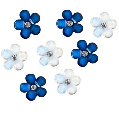 13mm Hanukkah flower craft embellishments in blue and white with rhinestone centers