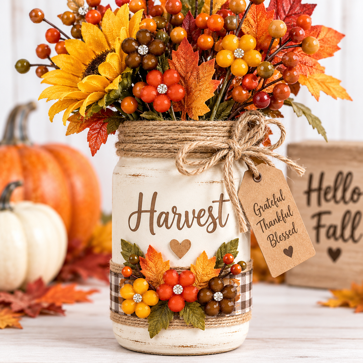 Harvest Mason Jar with Rhinestone Center Petals Fall mason jar craft featuring 13mm rhinestone center flower embellishments in orange, brown and golden yellow