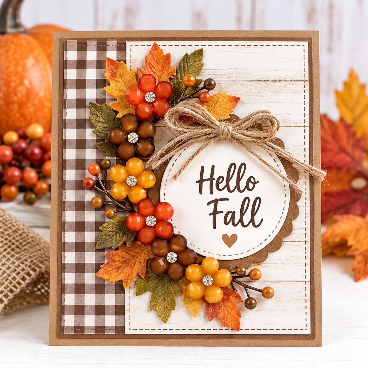 13mm Rhinestone Center Petals Hello Fall Card Handmade Hello Fall card featuring 13mm rhinestone center flower embellishments in orange, brown and golden yellow