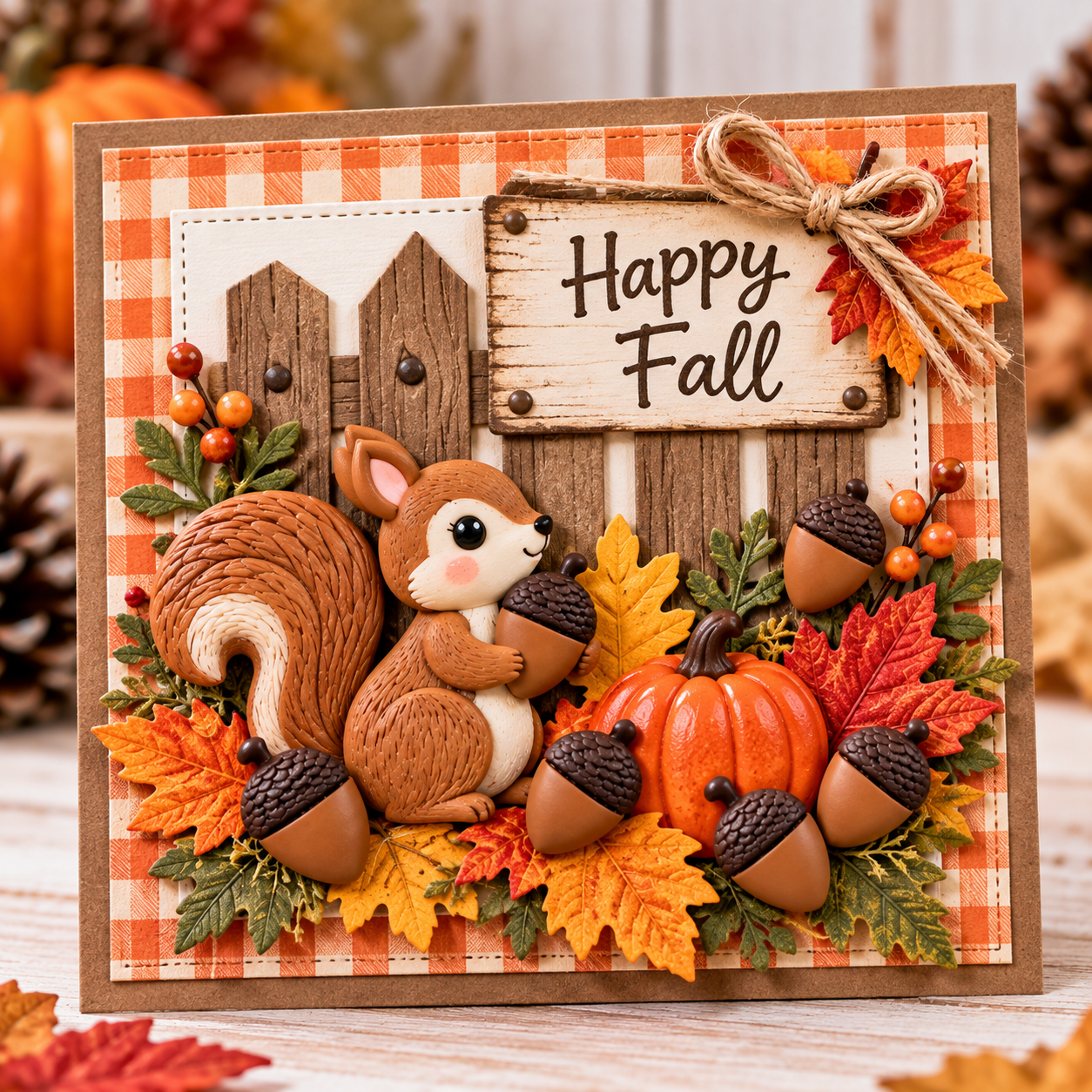 Acorn Craft Embellishments – Happy Fall Squirrel Card Acorn craft embellishments decorating a handmade fall squirrel card with pumpkins and autumn leaves