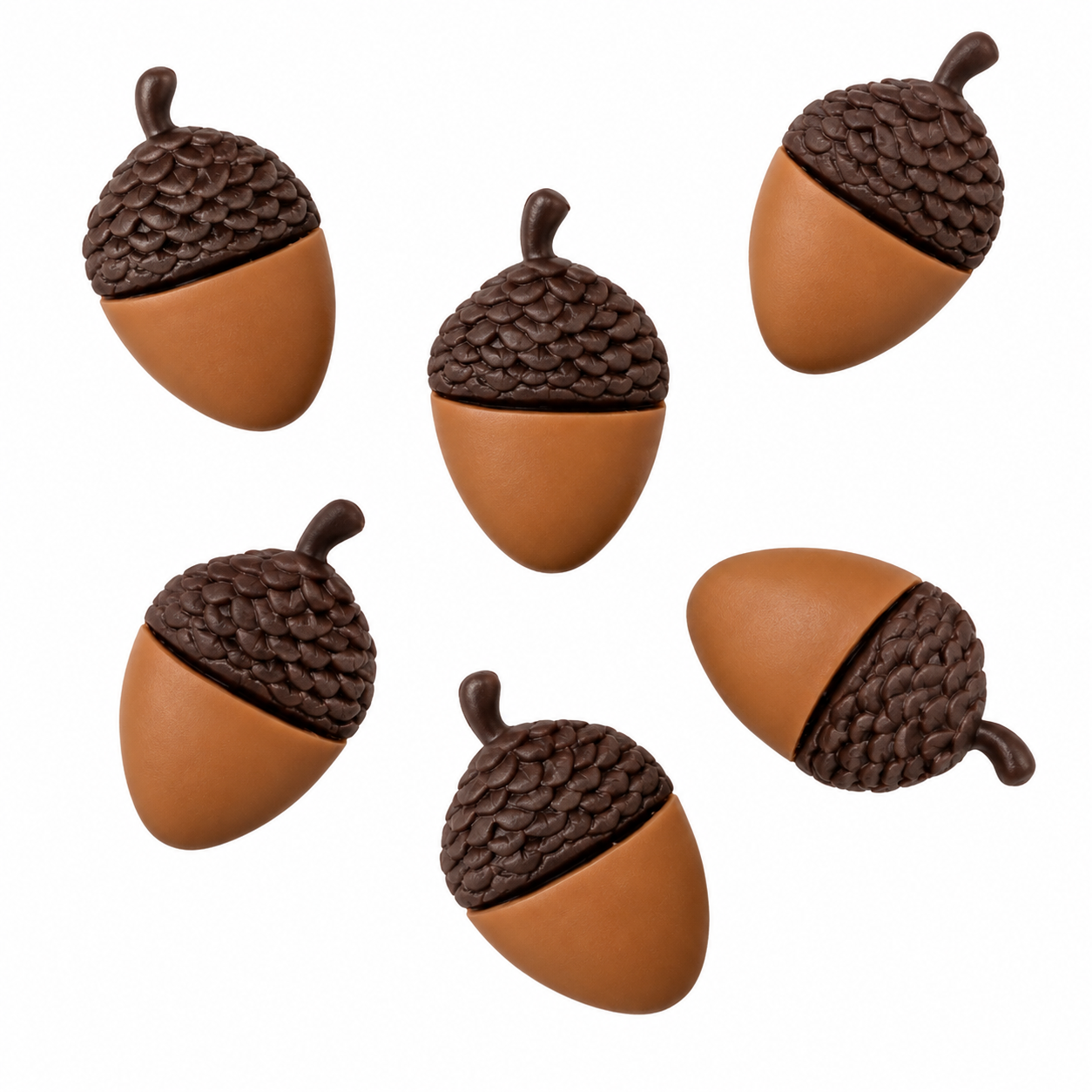 Acorn Craft Embellishments – Set of 6 Six brown acorn craft embellishments with textured dark brown caps