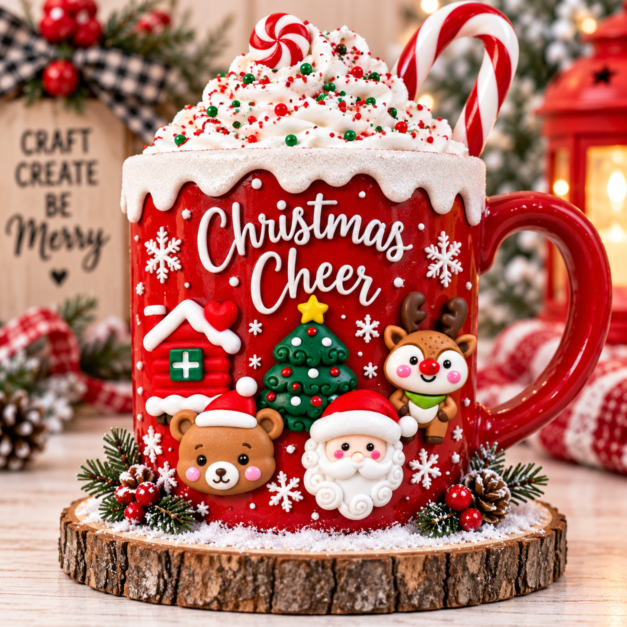 Christmas Cheer Craft Embellishments – Holiday Mug Craft Christmas craft embellishments decorating a festive Christmas Cheer holiday mug