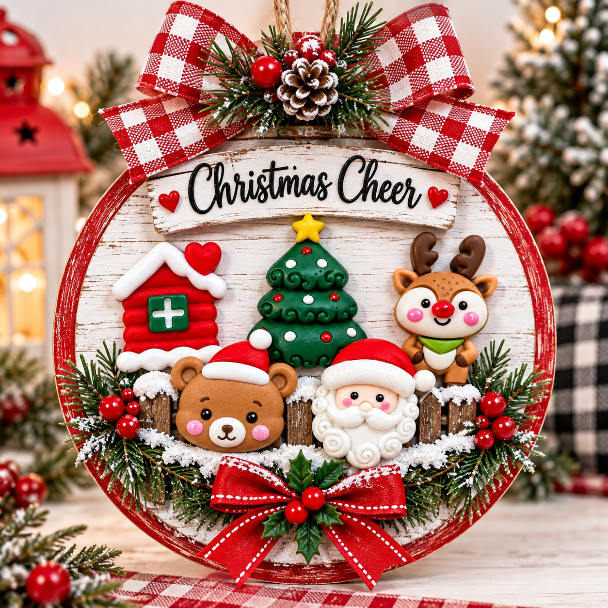 Christmas Cheer Craft Embellishments – Holiday Sign Christmas craft embellishments with Santa, reindeer, teddy bear, Christmas tree and holiday house on a handmade sign