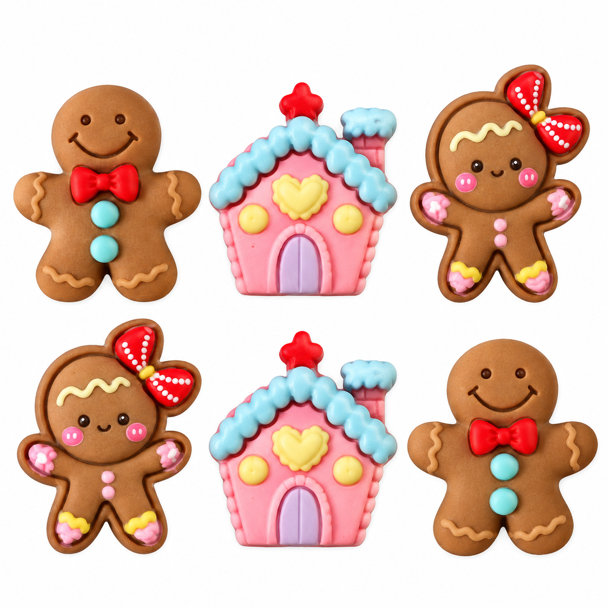 Gingerbread Extravaganza Christmas Craft Embellishments Gingerbread craft embellishments with gingerbread boys, bow-wearing girls and pink Christmas gingerbread houses