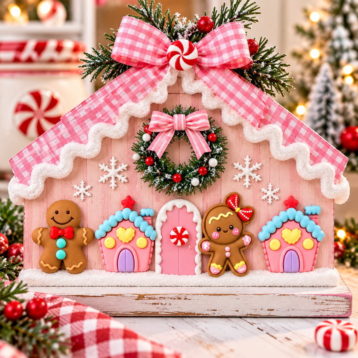 Gingerbread Extravaganza Pink Christmas Craft Pink gingerbread Christmas craft with gingerbread characters and candy house embellishments