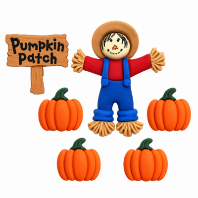 Six Pumpkin Patch craft embellishments featuring a scarecrow, wooden sign and four orange pumpkins