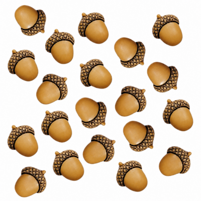 Tiny brown acorn craft buttons with textured caps, matte finish and shank backs, measuring 1/2 inch