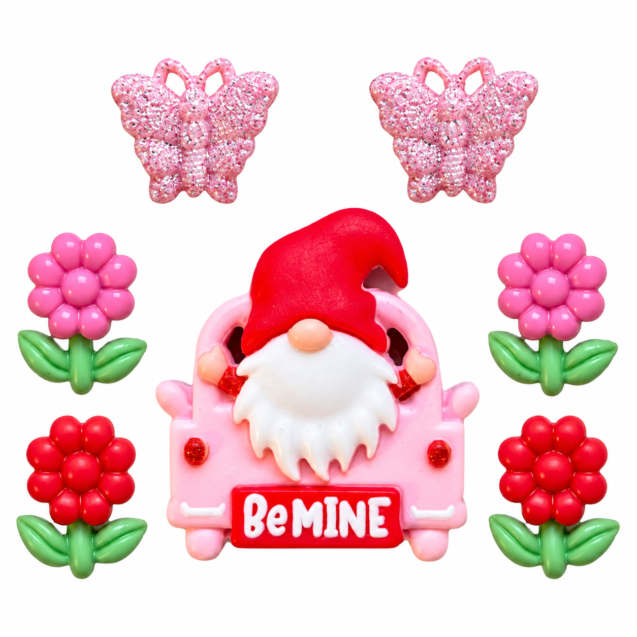Be Mine Valentine Gnome Craft Button Set Be Mine Valentine craft set with pink gnome car, red and pink flower buttons and sparkling butterfly buttons