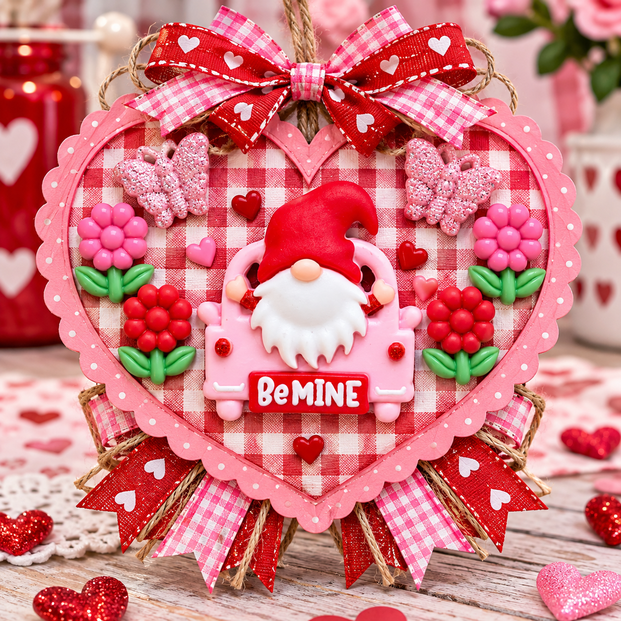 Be Mine Valentine Gnome Heart Craft Valentine gnome heart craft with Be Mine car, pink butterflies and red and pink flower buttons