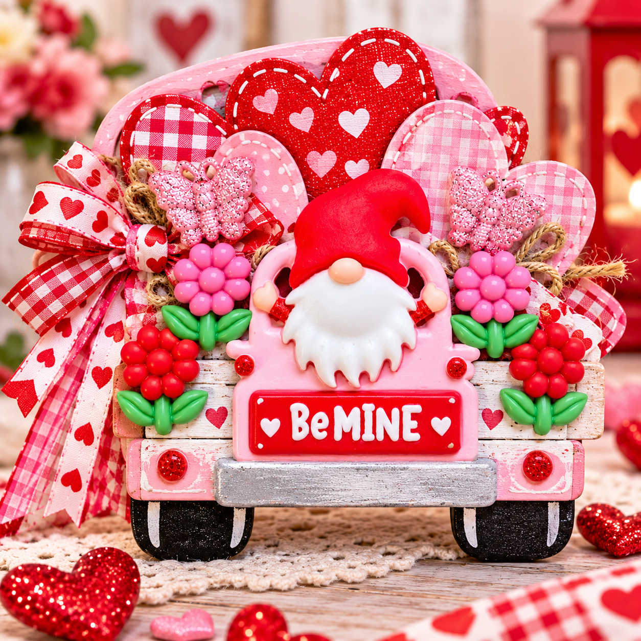 Be Mine Valentine Gnome Truck Craft Valentine gnome truck craft decorated with Be Mine gnome, pink butterflies and red and pink flower buttons