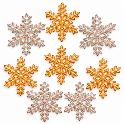 Eight silver and gold snowflake craft buttons with decorative shimmering details, each measuring 3/4 inch, arranged on a white background.