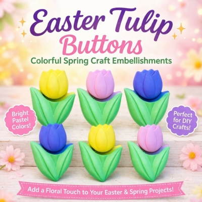 easter-tulip-buttons-spring-craft-embellishments Colorful Easter tulip craft buttons in pastel colors for spring DIY crafts and embellishments
