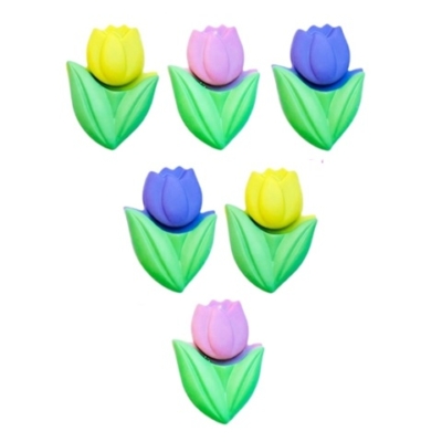 Pastel Easter Tulip Buttons in yellow, pink, purple, and blue with green leaves for spring crafts
