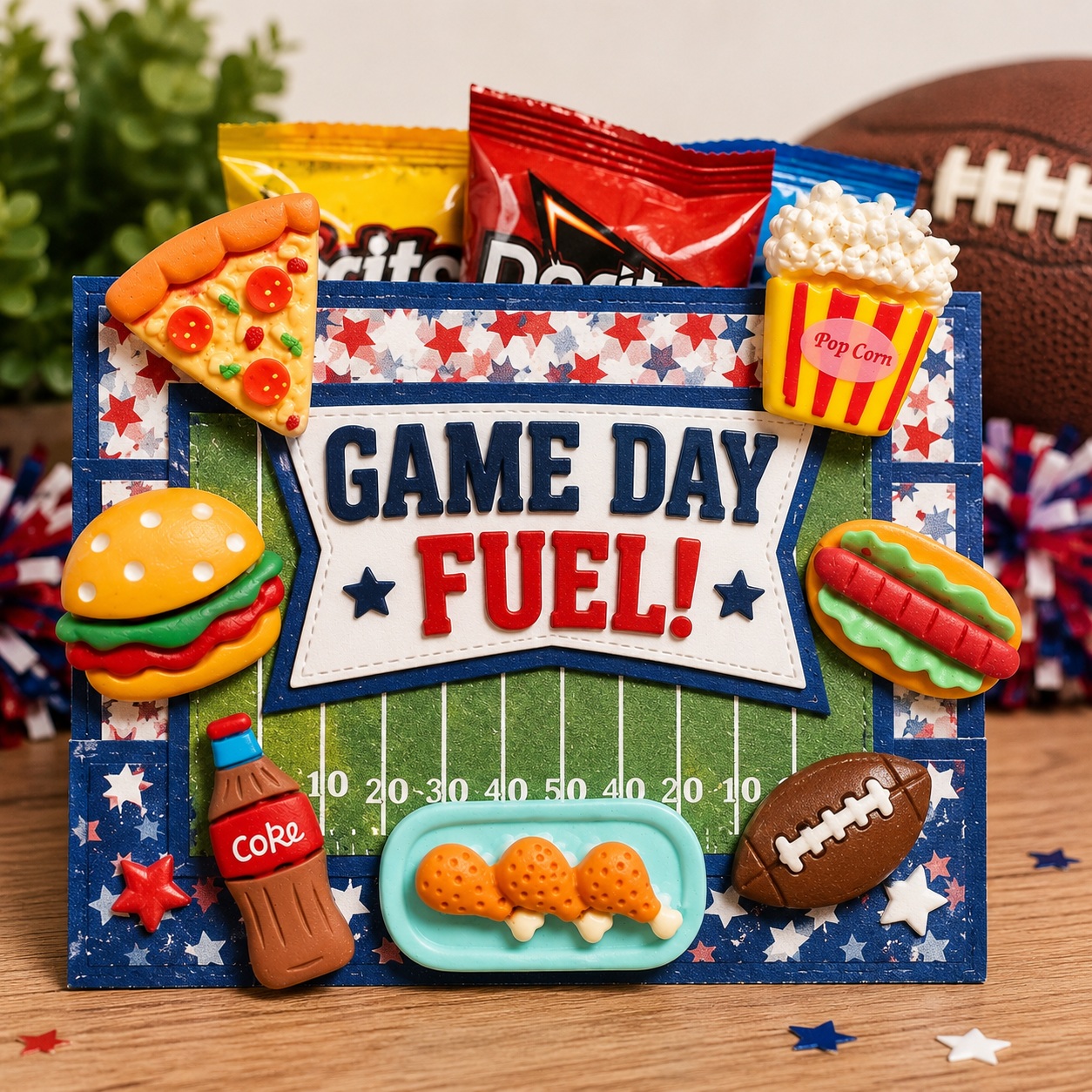 game-day-fuel-sports-snack-craft-sign-party-food-embellishments Handmade "Game Day Fuel" sports-themed craft sign decorated with football field accents and party food flat back embellishments including pizza, hamburger, hot dog, popcorn, soda, and chicken wings, perfect for football parties, tailgates, and DIY game day décor