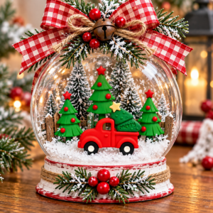 Red Christmas truck and Christmas tree craft embellishments inside a handmade snow globe decoration