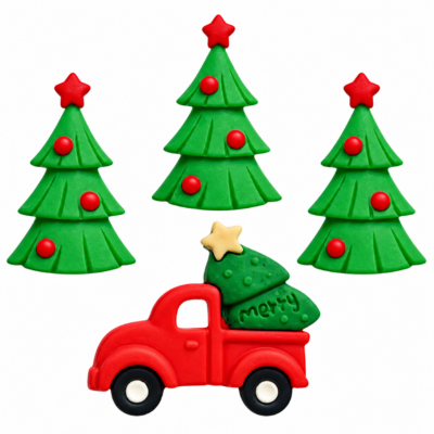 Red Christmas truck carrying a tree with three Christmas tree craft embellishments