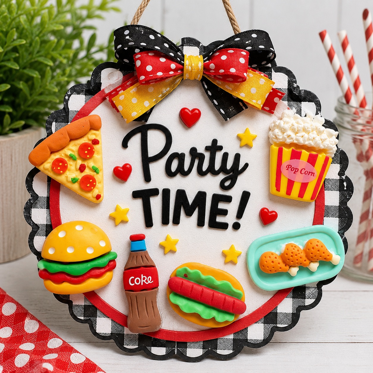 party-foods-party-time-door-hanger-craft Colorful handmade "Party Time" door hanger decorated with pizza, hamburger, hot dog, popcorn, soda bottle, and chicken wing flat back embellishments, perfect for party décor and DIY food-themed crafts