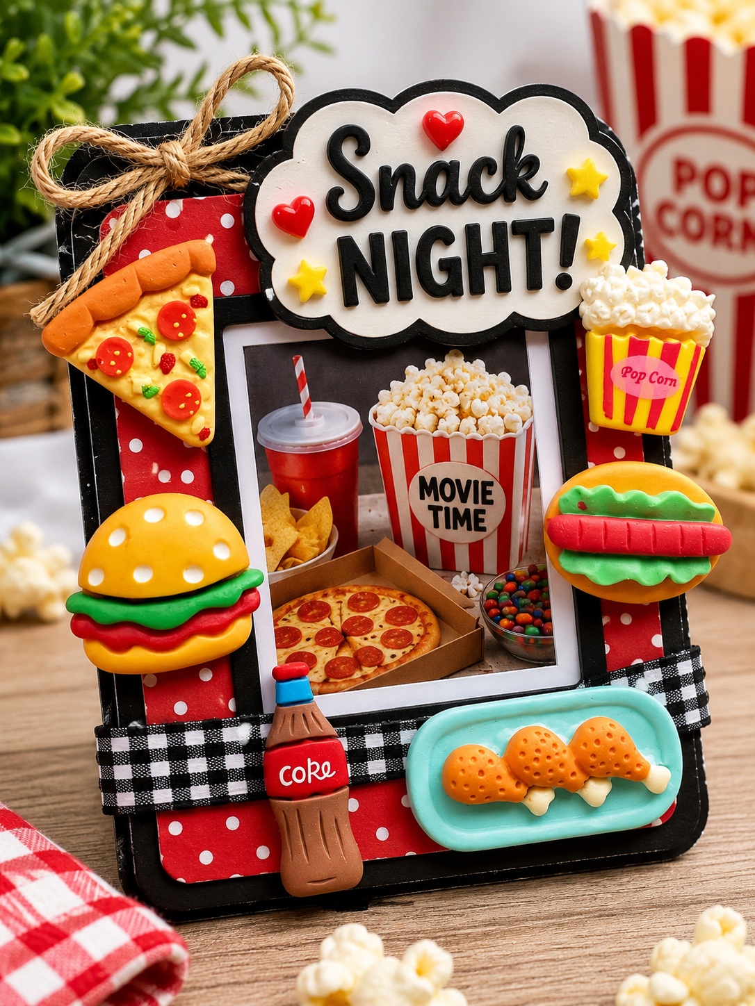 snack-night-party-foods-photo-frame-craft Handmade snack night photo frame decorated with party food flat back embellishments including pizza, hamburger, hot dog, popcorn, soda, and chicken wings, perfect for movie night and DIY party-themed crafts