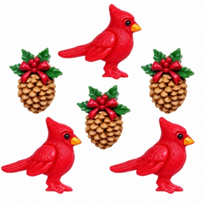 Cardinal craft embellishments with red cardinals and Christmas pinecones