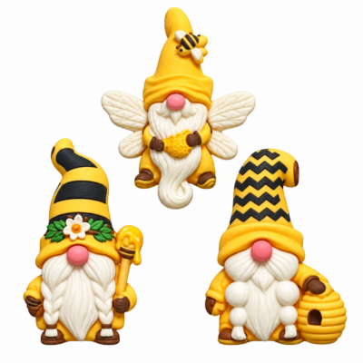 Honeybee Gnomes Craft Embellishment Set – 3 Pieces Three honeybee gnome flatback craft embellishments in yellow and black with bee, flower and honey-themed details, matte finish, approximately 1.25 inches.