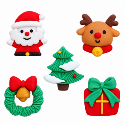 Christmas craft embellishments with Santa reindeer tree wreath and wrapped gift