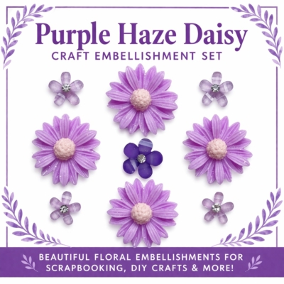 purple haze daisy craft embellishment set with lavender flowers and rhinestone accents for DIY crafts