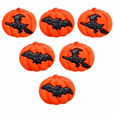 Orange Halloween pumpkin buttons with black glitter witch and bat silhouettes